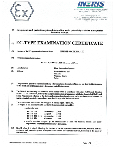 IMI Life Science INERIS 00ATEX0031X