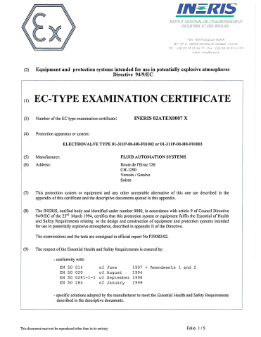 IMI Life Science INERIS 02ATEX0007X